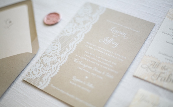 Lauren + Jeff’s Lace And Kraft Paper Wedding Invitations by Weddideas